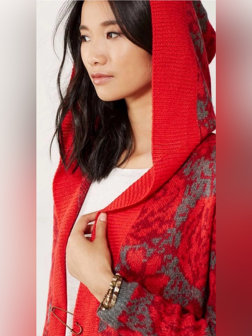 Anthropologie Maraschino Floral by Sparrow Oversized Red Floral Hooded Sweater - Picture 2 of 12